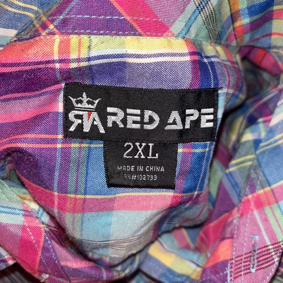Red Ape Shirt Men's 2XL Short Sleeve Button Up Multicolor Plaid Pocket Casual - Picture 5 of 5